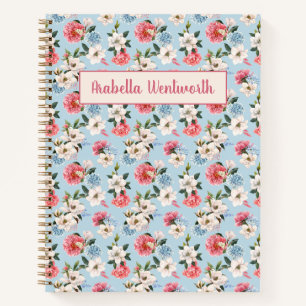 Magnolias and Carnations on Blue Personalized Notebook