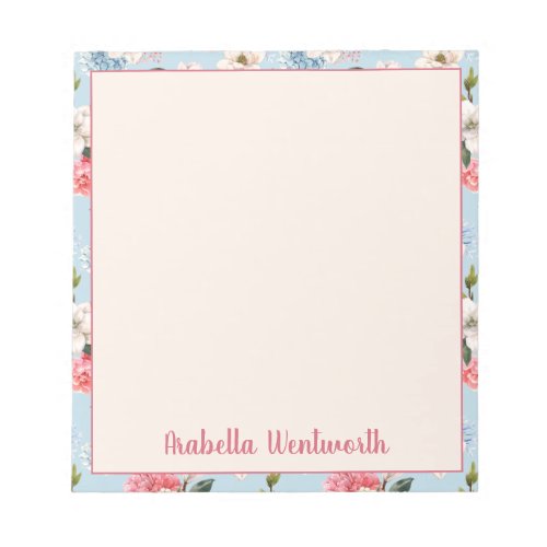 Magnolias and Carnations on Blue Personalized Notepad