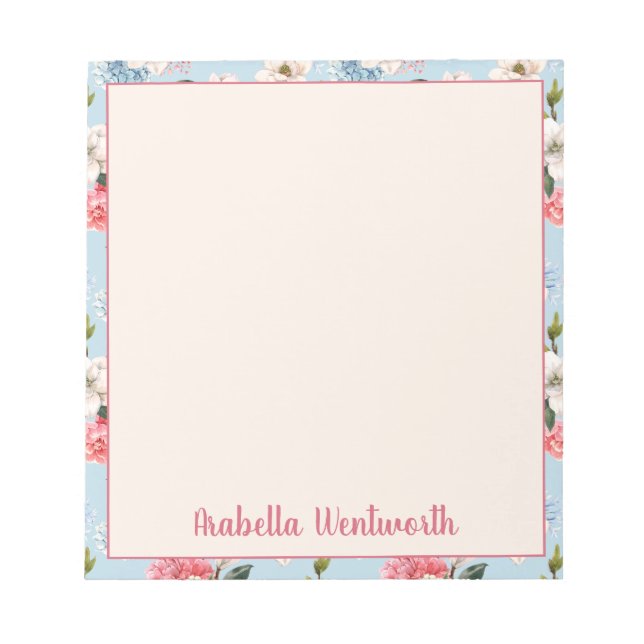 Magnolias and Carnations on Blue Personalized Notepad (Front)