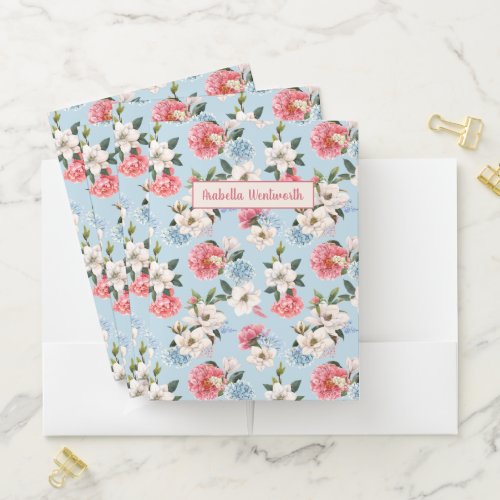 Magnolias and Carnations on Blue Personalized Pocket Folder