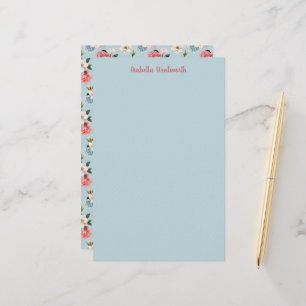 Magnolias and Carnations on Blue Personalized Stationery
