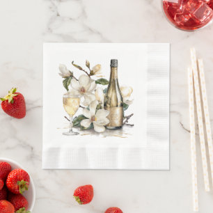 Magnolias and Champagne Bottle Glasses Wedding Napkins