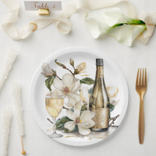Magnolias and Champagne Bottle Glasses Wedding Paper Plates