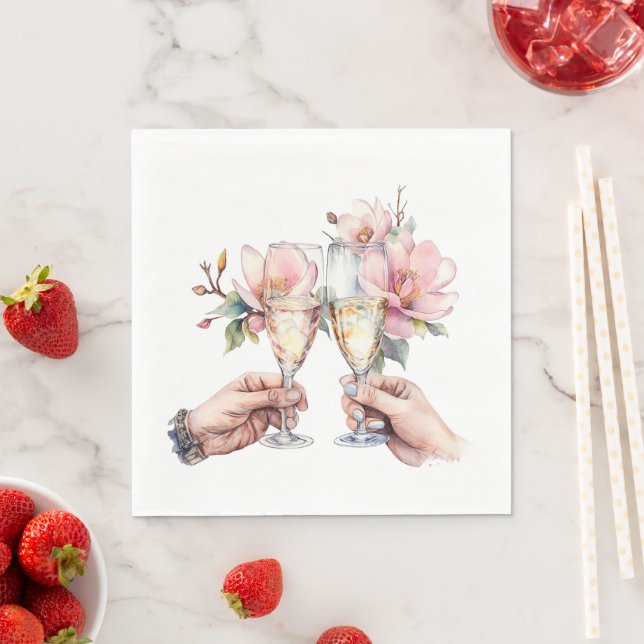 Magnolias and Champagne Glasses Wedding Napkins (Insitu)