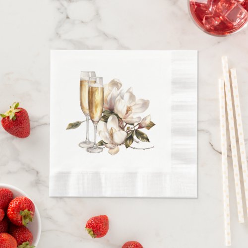 Magnolias and Champagne Glasses Wedding Napkins
