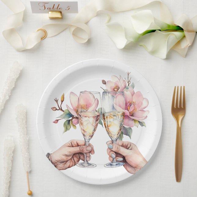 Magnolias and Champagne Glasses Wedding Paper Plates (Wedding)