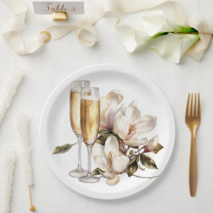 Magnolias and Champagne Glasses Wedding Paper Plates