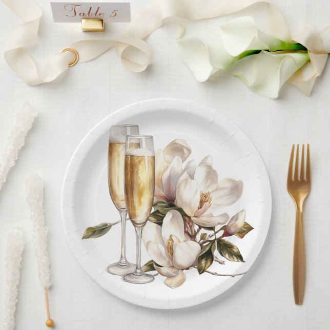 Magnolias and Champagne Glasses Wedding Paper Plates (Wedding)