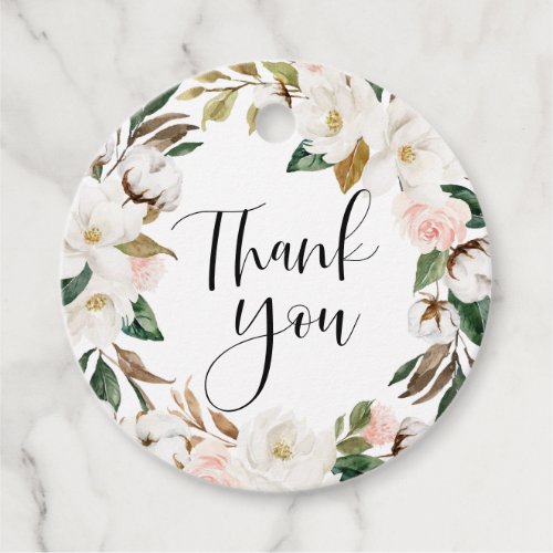 Magnolias and Cotton Wreath Wedding Thank You Favor Tags