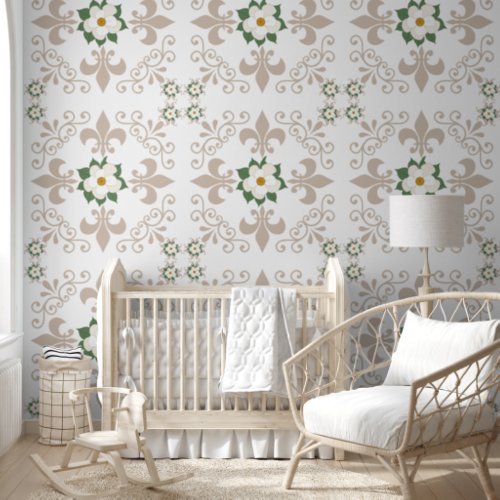 Magnolias and Fleur de Lis Pattern Wallpaper