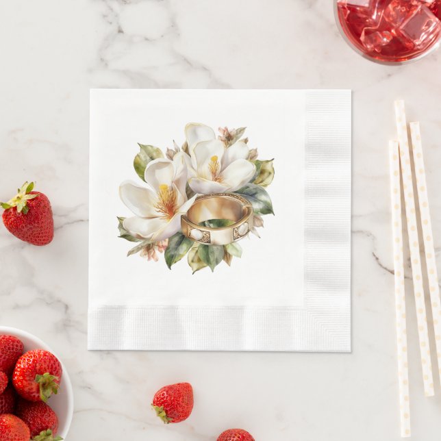 Magnolias and Gold Wedding Rings Wedding Napkins (Insitu)