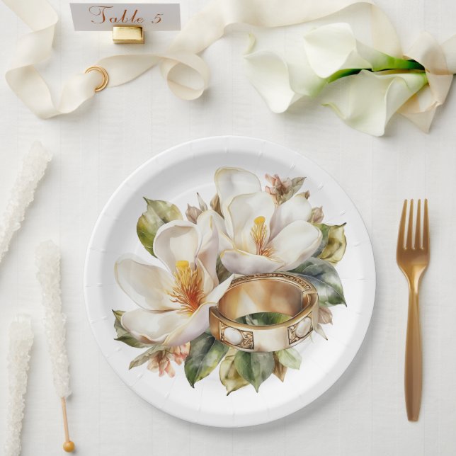 Magnolias and Gold Wedding Rings Wedding Paper Plates (Wedding)