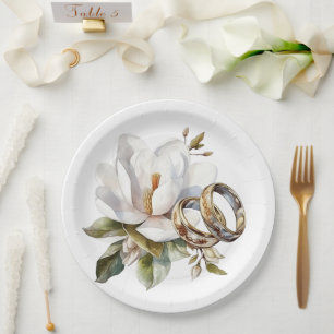 Magnolias and Gold Wedding Rings Wedding Paper Plates