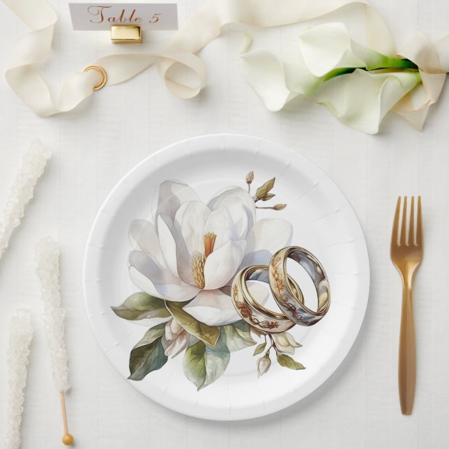 Magnolias and Gold Wedding Rings Wedding Paper Plates (Wedding)