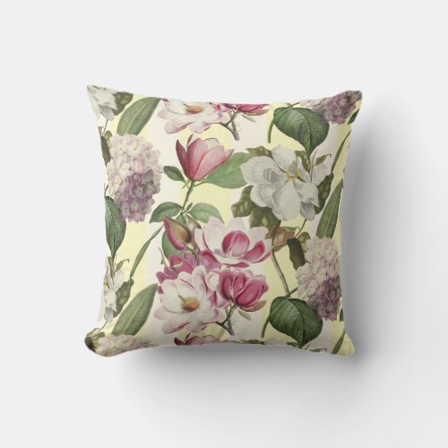 Magnolias and Hydrangeas Garden Vintage Botanical Throw Pillow