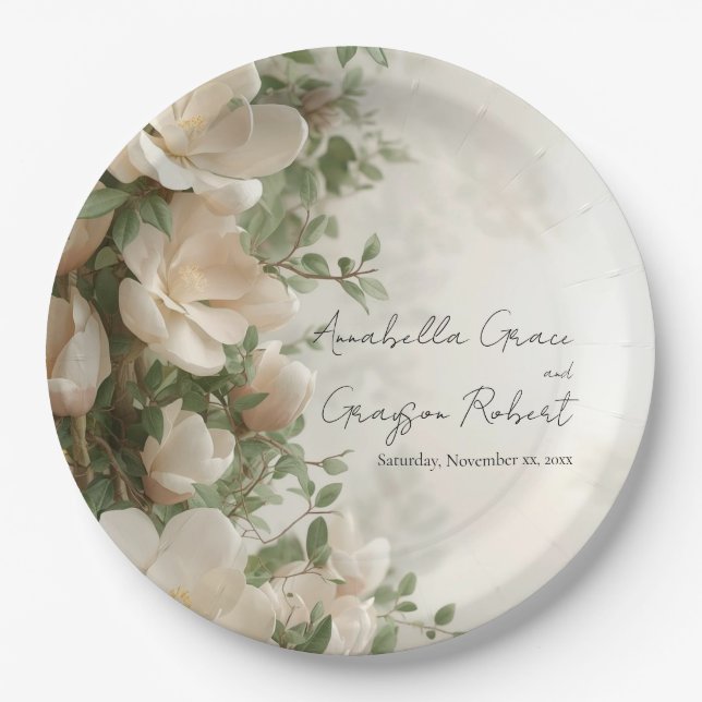 Magnolias and Lights Elegant Floral Wedding Paper Plates (Front)