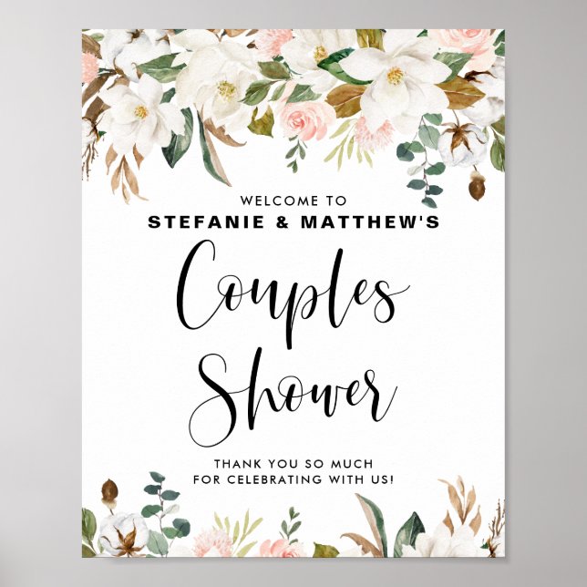 Magnolias & Cotton Garland Couples Shower Welcome Poster (Front)