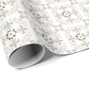 Magnolias Fleur de Lis Pattern - Greige White Wrapping Paper