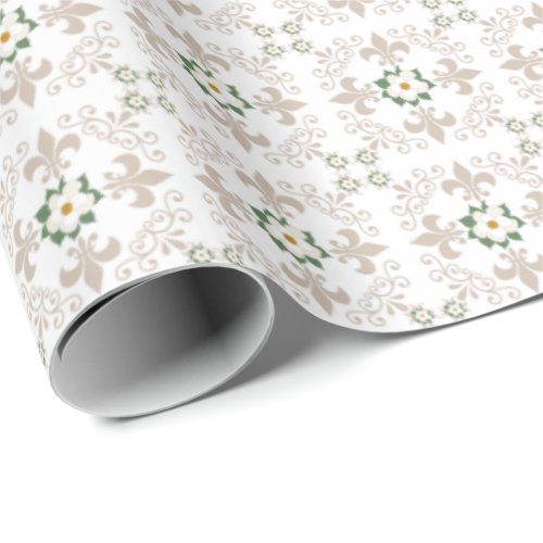Magnolias  Fleur de Lis Pattern _ Greige  White Wrapping Paper