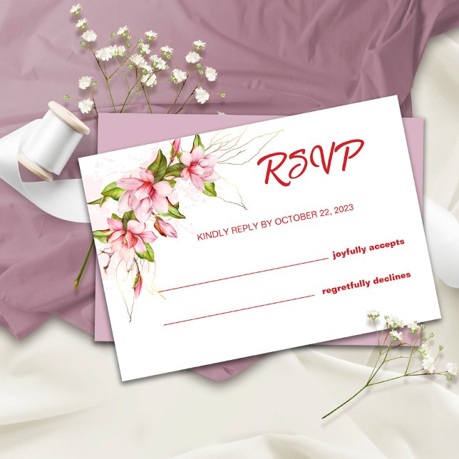 Magnolias Flowers Rustic Wedding RSVP Card (Creator Uploaded)