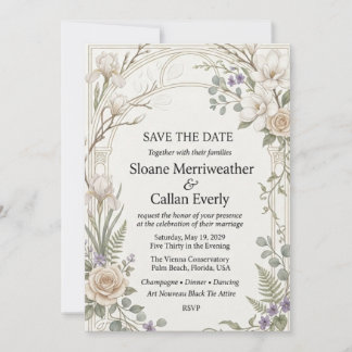 Magnolias, Irises, Roses, Eucalyptus, Ferns, Archw Invitation
