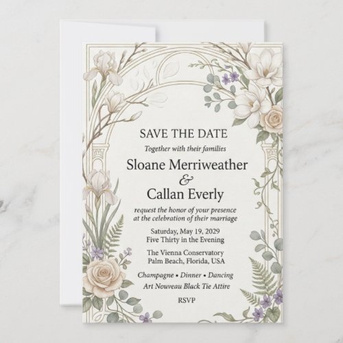 Magnolias, Irises, Roses, Eucalyptus, Ferns, Archw Invitation