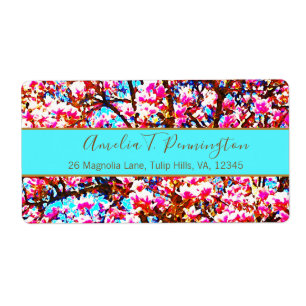 Magnolias Modern Pink Turquoise Watercolor Floral Label