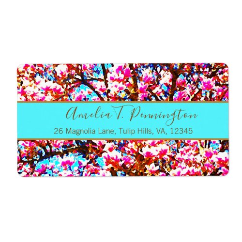 Magnolias Modern Pink Turquoise Watercolor Floral Label