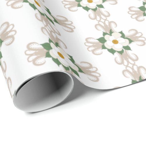 Magnolias on Crosses Floral Pattern Greige  White Wrapping Paper