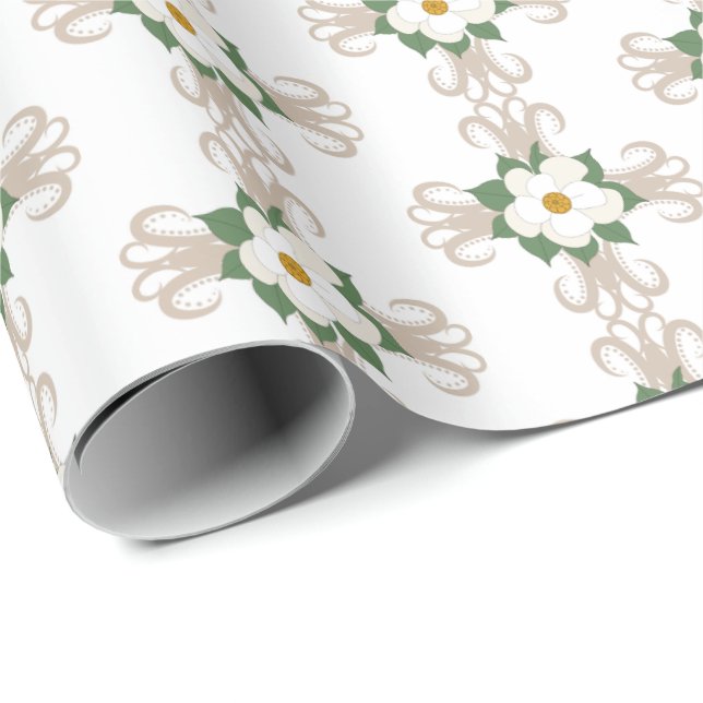 Magnolias on Crosses Floral Pattern Greige | White Wrapping Paper (Roll Corner)