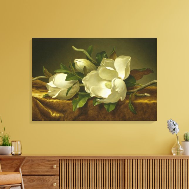 Magnolias on Gold Velvet Cloth by MJ Heade Canvas Print (Insitu(LivingRoom))