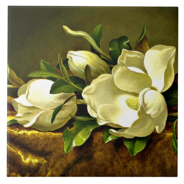 Magnolias on Gold Velvet Cloth, fine art painting, Ceramic Tile (Front)