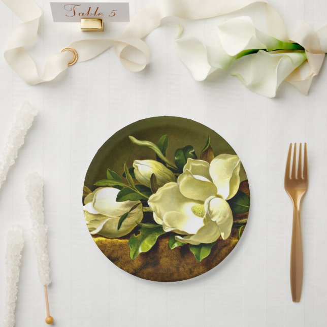 Magnolias on Gold Velvet Cloth Paper Plates (Wedding)