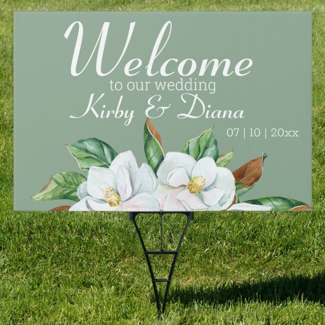 Magnolias on Green Wedding Welcome  Sign (Insitu)