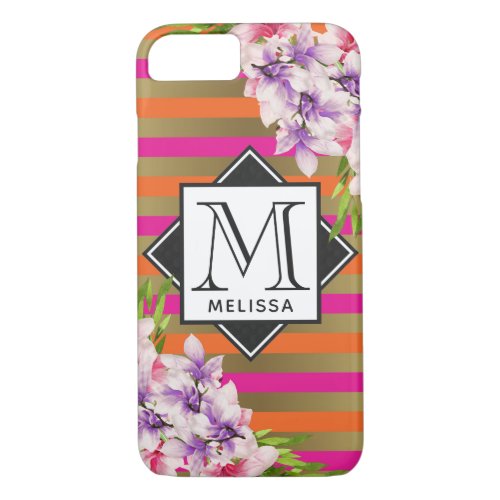 Magnolias on Pink  Faux Gold Stripes Monogram iPhone 87 Case