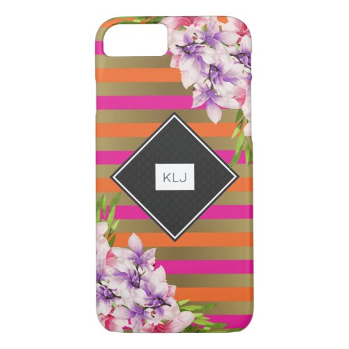 Magnolias on Pink  Faux Gold Stripes Monogram iPhone 87 Case