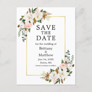 Magnolias Pink Roses Gold Frame Save The Date Postcard
