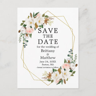 Magnolias Pink Roses Gold Geo Frame Save The Date Postcard