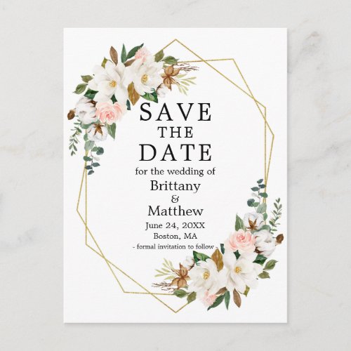 Magnolias Pink Roses Gold Geo Frame Save The Date Postcard