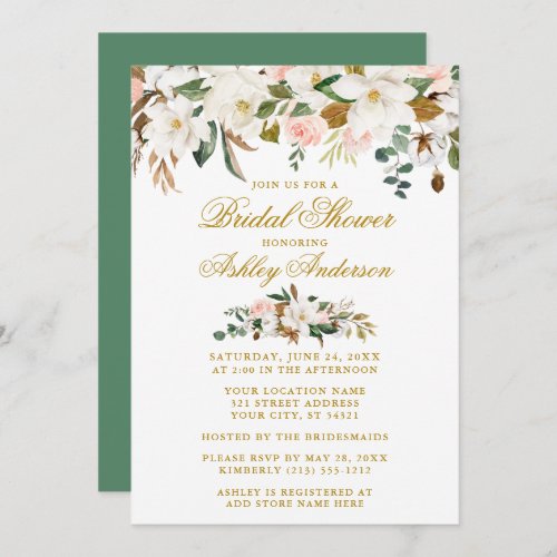 Magnolias Roses Gold Green Elegant Bridal Shower Invitation