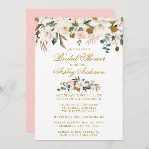 Magnolias Roses Gold Pink Elegant Bridal Shower Invitation