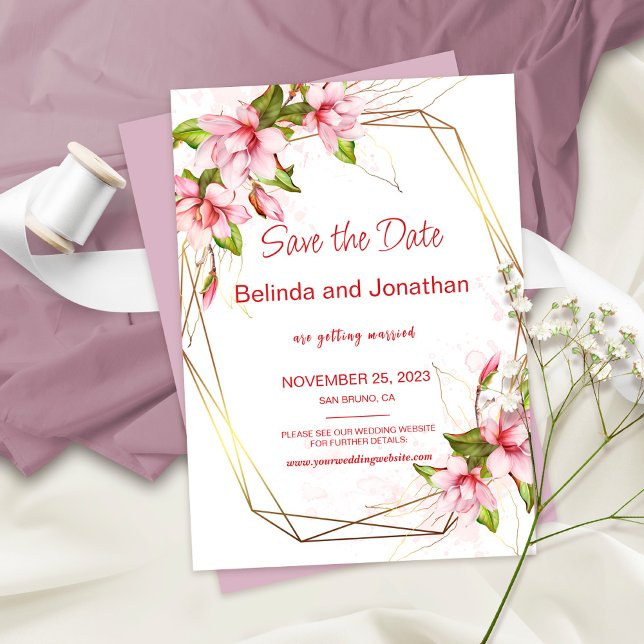 Magnolias with Faux Gold Foil Frame Rustic Wedding Save The Date (Creator Uploaded)