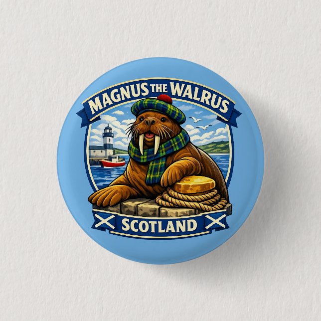 Magnus the Scottish Loving Walrus Seaside Scotland Button (Front)