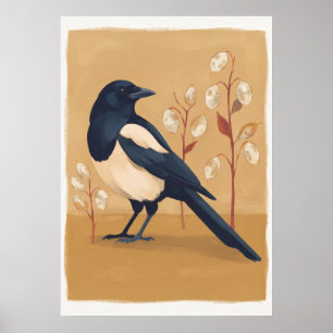 Magpie and Honesty Seed Pods Ochre Folk Art Poster