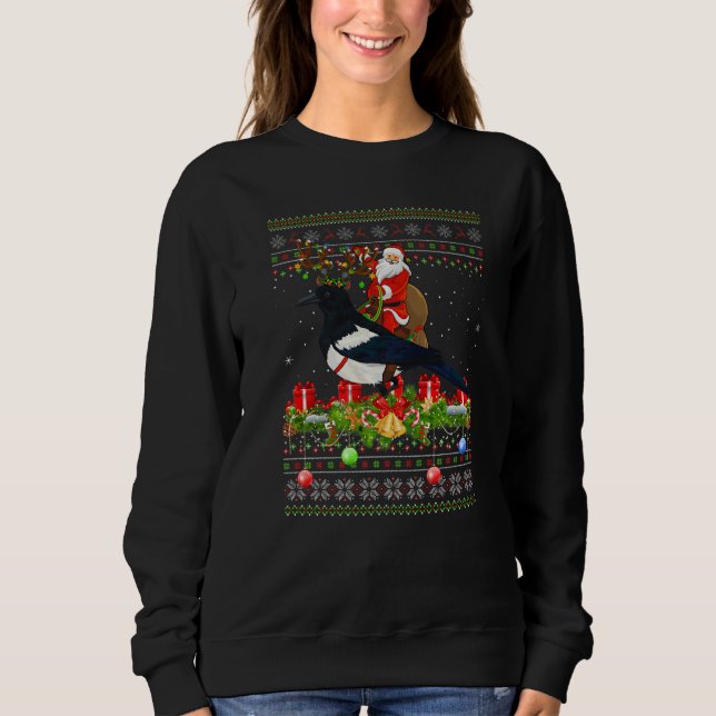 Magpie Bird  Ugly Santa Riding Magpie Christmas Sweatshirt (Front)