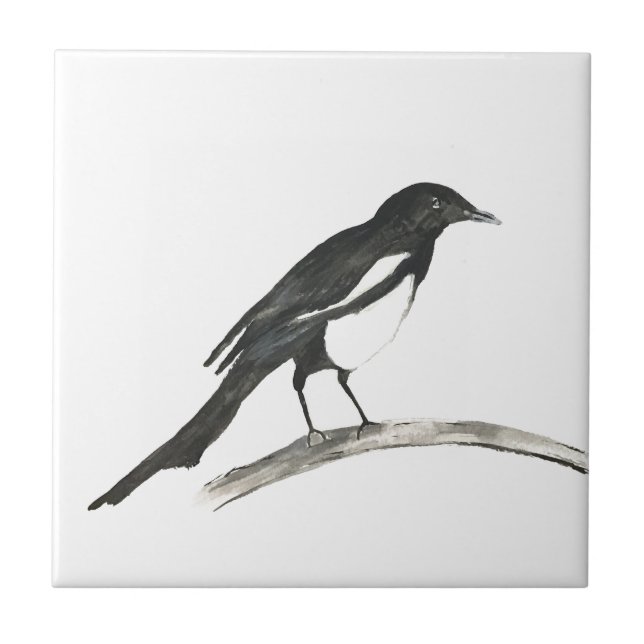 Magpie Bird Wildlife Watercolor Nature Cute Ceramic Tile (Front)