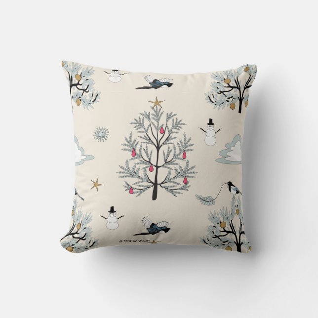 Magpie Christmas in high desert sagebrush Throw Pillow (Front)