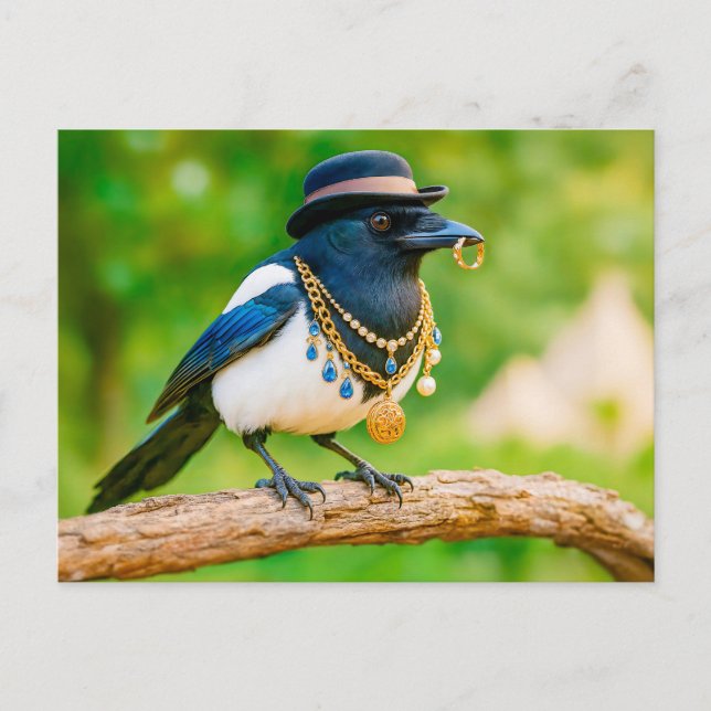 Magpie Covered in Jewelry and Gems Holiday Postcard (Front)