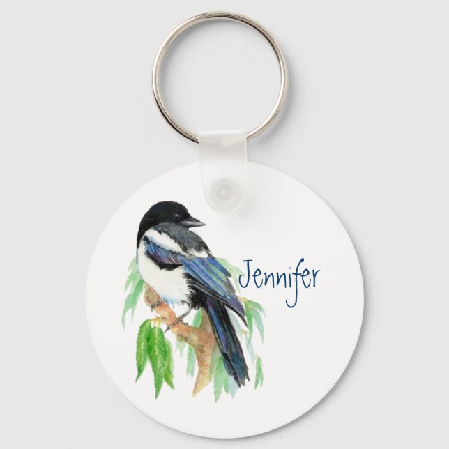 Magpie in Willow Tree, Bird, Garden to Customize K Keychain (Front)