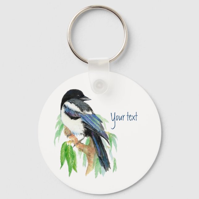 Magpie in Willow Tree, Bird, Garden to Customize Keychain (Front)